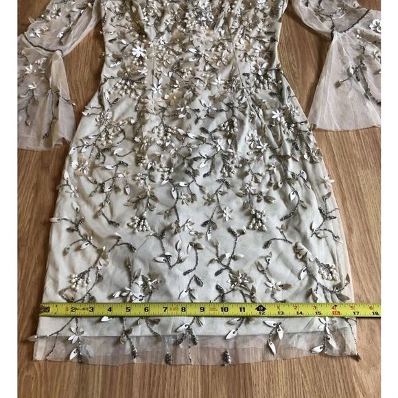 THEIA Hand-Beaded & Petal Applique 3/4 Bell-Sleeve Dress Women’s SIZE 4 - Picture 9 of 14